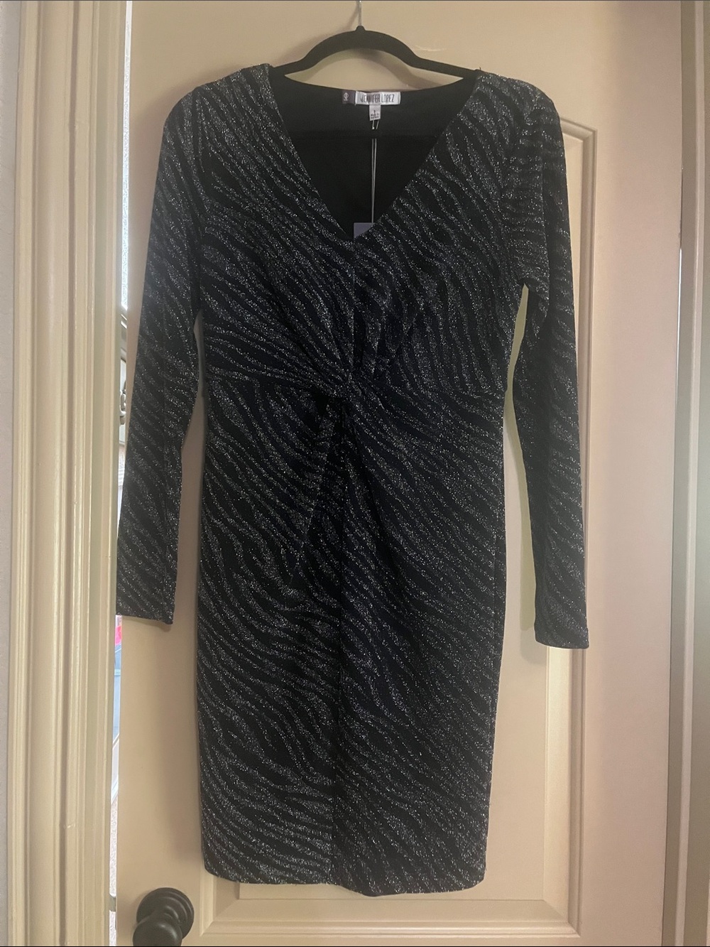Jennifer Lopez Black Metallic Zebra-Print Long Sleeve Twist Dress